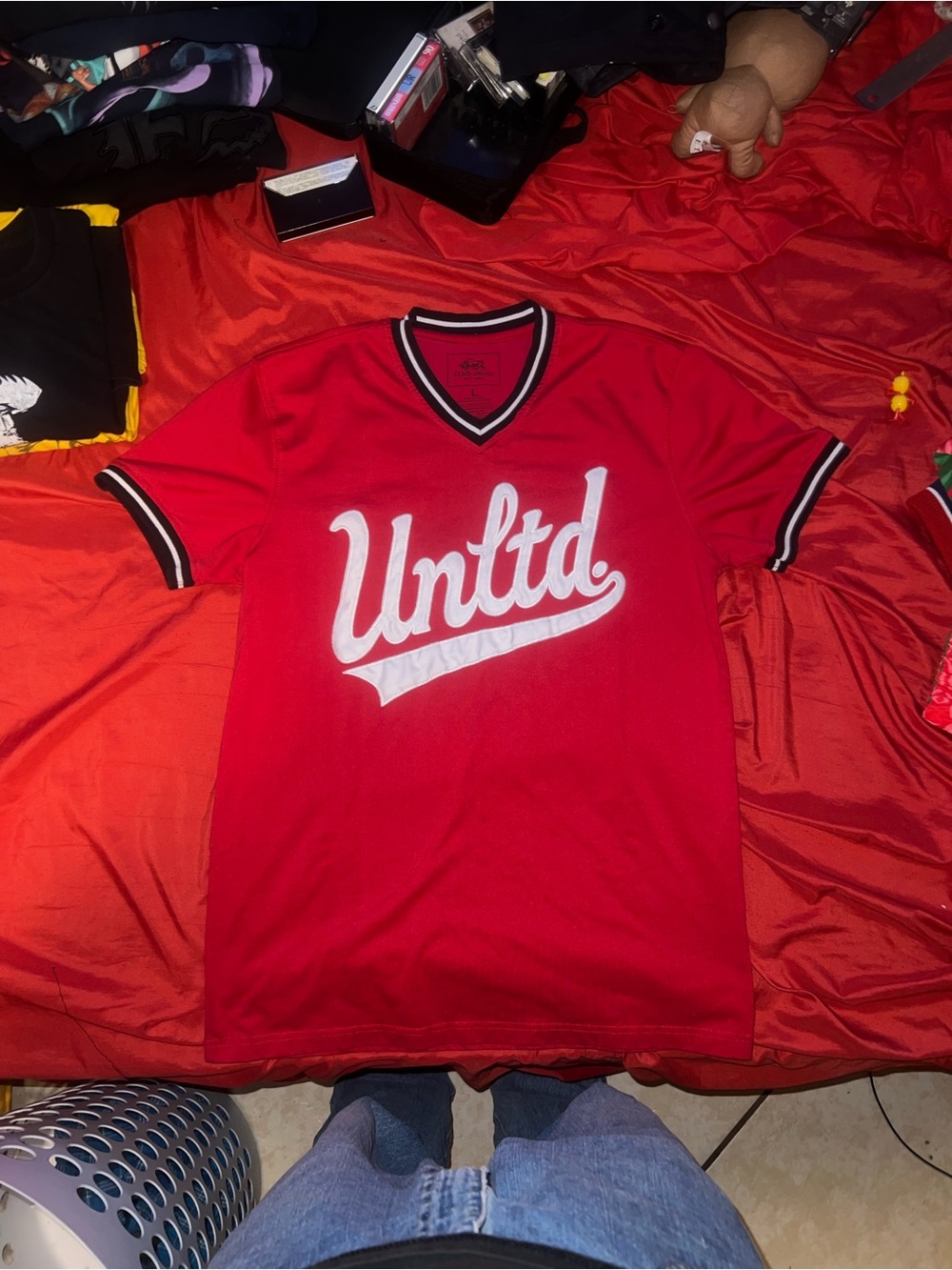 Ecko Unltd Red V-Neck Tee with Black & White Trim